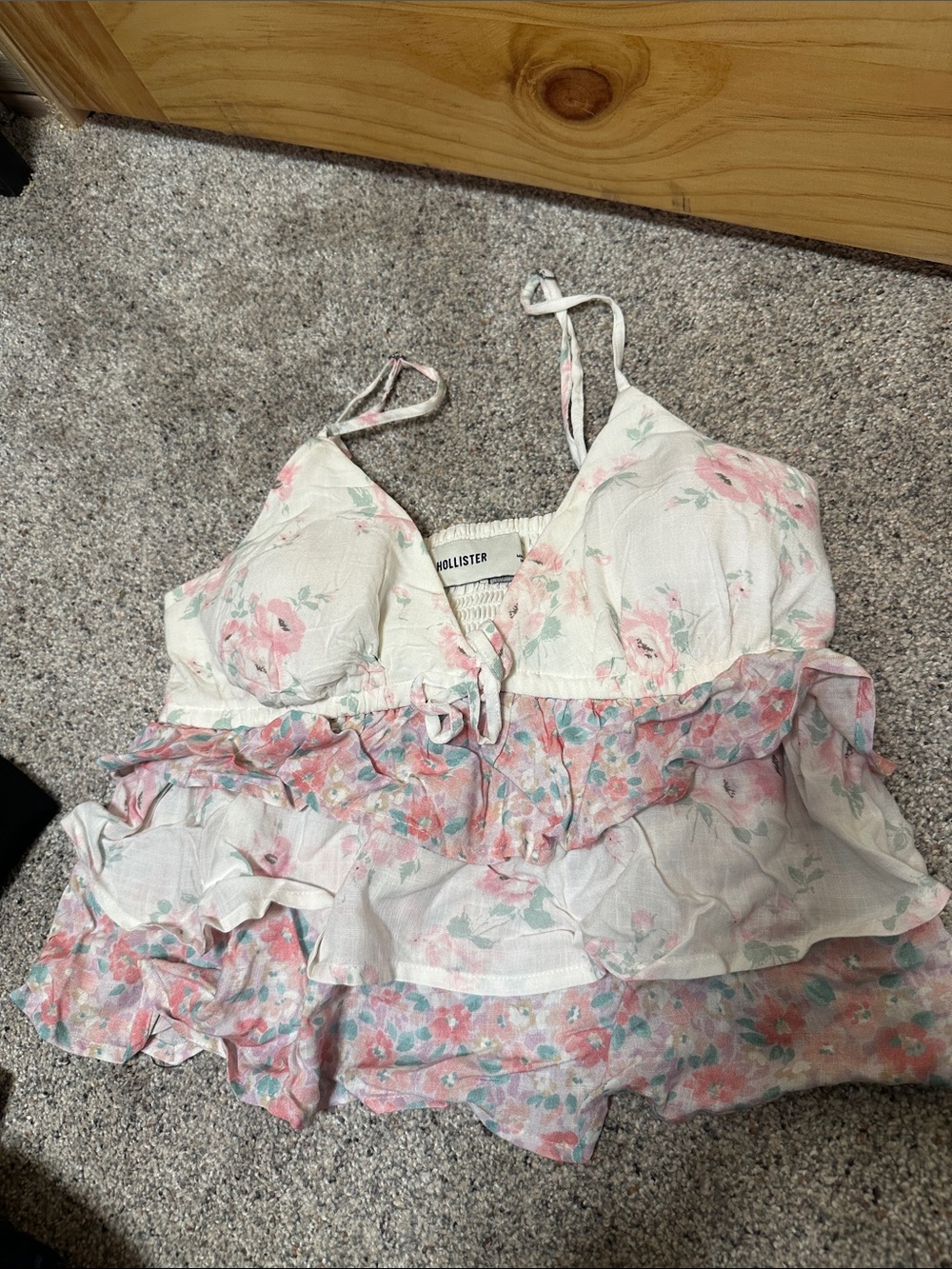Hollister Cream Floral Smocked Cami with Pink & Green Print